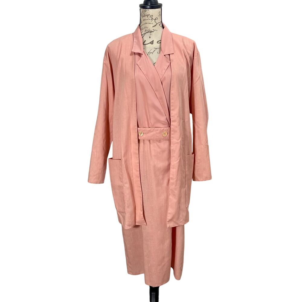 Vintage 80s Casual Pink Belted Dress Suit Set Jacket 3 pcs Size 16 Boho Grandma